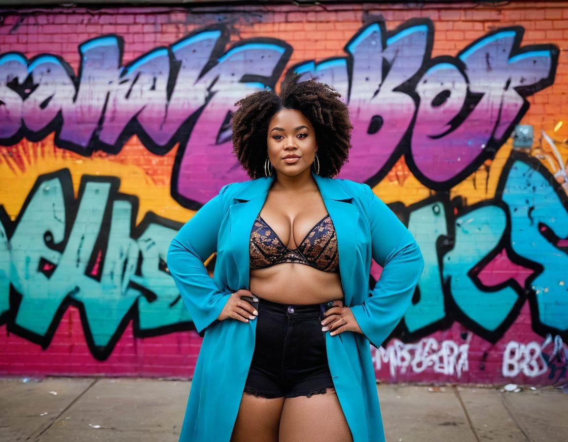 A vibrant and empowering scene featuring a confident woman with a curvy figure, standing in a celebratory pose. She radiates body positivity with bright, colorful graffiti murals in the background that celebrate diverse body types. Surround her with elements of the adult entertainment industry, like glamorous lights and artistic representations of freedom and self-expression. Capture the essence of modern celebrity culture with bold typography and energetic vibes. super-realistic. vibrant colors. urban setting.