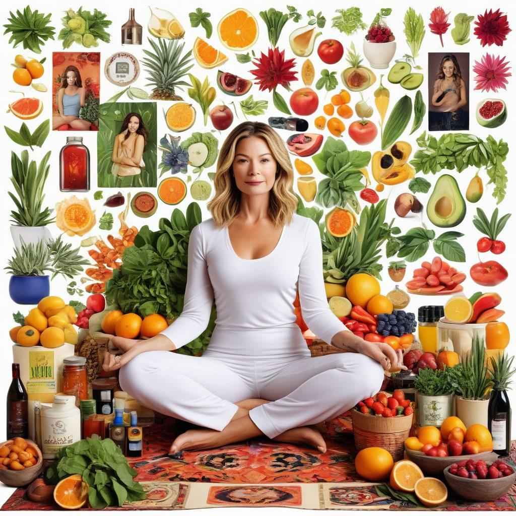 A vibrant collage showcasing Judy surrounded by symbols of her lifestyle choices, such as organic foods, yoga mats, and eco-friendly products, set against a backdrop of glamorous celebrity events. Include subtle elements like paparazzi flashes and fashion icons in the background, representing the influence on celebrity culture. The overall tone should convey passion and authenticity. super-realistic. vibrant colors. white background.