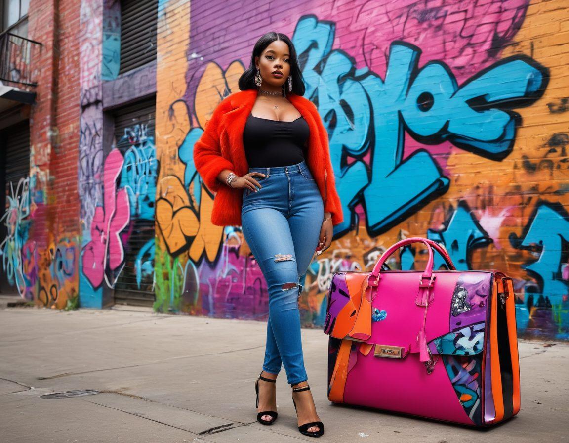A striking collage of Big Booty Judy standing confidently in a vibrant urban setting, wearing bold fashion reflecting contemporary romance trends. Surround her with social media icons and fashion elements like designer handbags, high heels, and vibrant graffiti art to illustrate her journey. Include an aura of glitz and glamour, showcasing her influence on modern romance. bright colors. urban style. super-realistic.